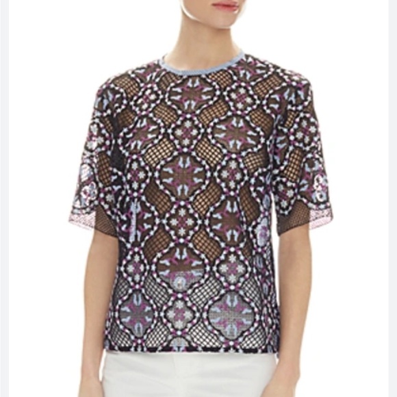 Sandro Charlotte Lace-and-Stripe Top Elegant Black‎ Lace Women's Top